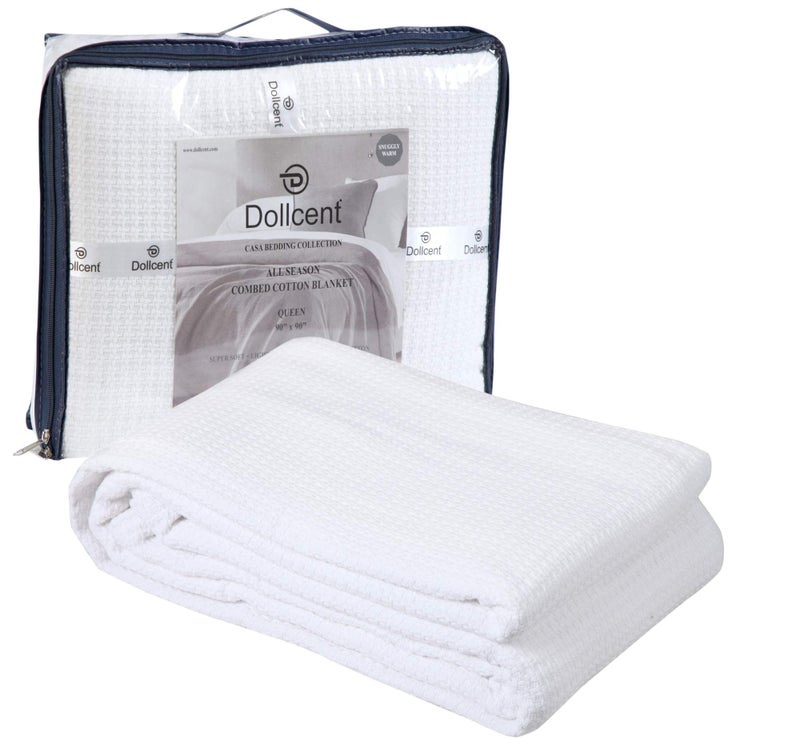 DOLLCENT 100% Cotton Queen Size Blanket for Bed, Premium Soft Combed Lightweight Blankets, Washed Breathable Cozy Bed Throw Blanket, White Queen Cotton Blankets for All Season: White (90"x90") - Image 1